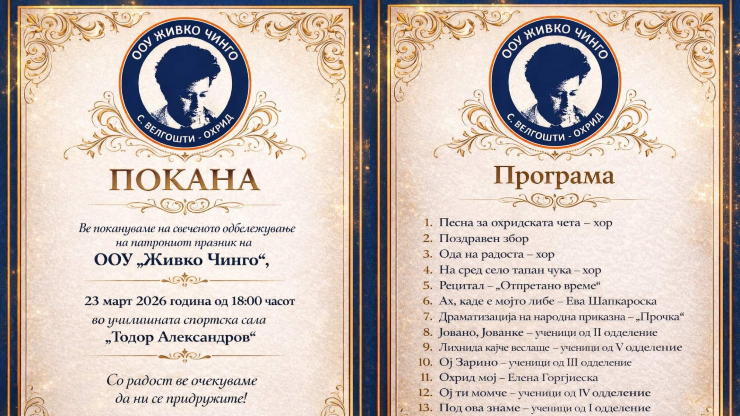 ОУ „Живко Чинго“ на 23-ти март ќе го одбележи патрониот празник