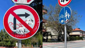Огледало на култура – Сообраќајните знаци и инфо табли низ Охрид прошарани со спреј или прекриени со налепници (Фото)